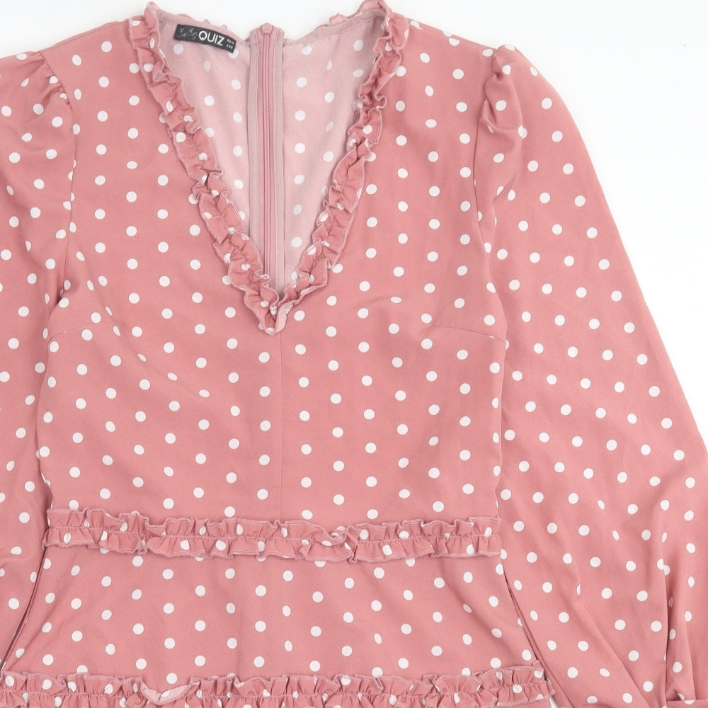 Quiz Womens Pink Polka Dot Polyester A-Line  Size 10  V-Neck Zip