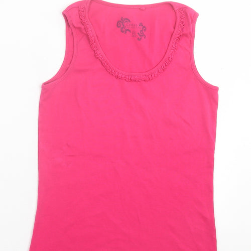 Debenhams Womens Pink  Cotton Basic Tank Size 12 Scoop Neck - Lettuce Edging Neckline