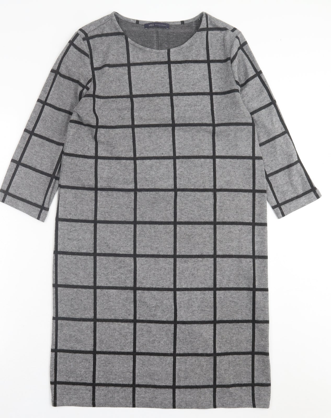 Marks and Spencer Womens Grey Check Polyester A-Line  Size 10  Crew Neck Pullover