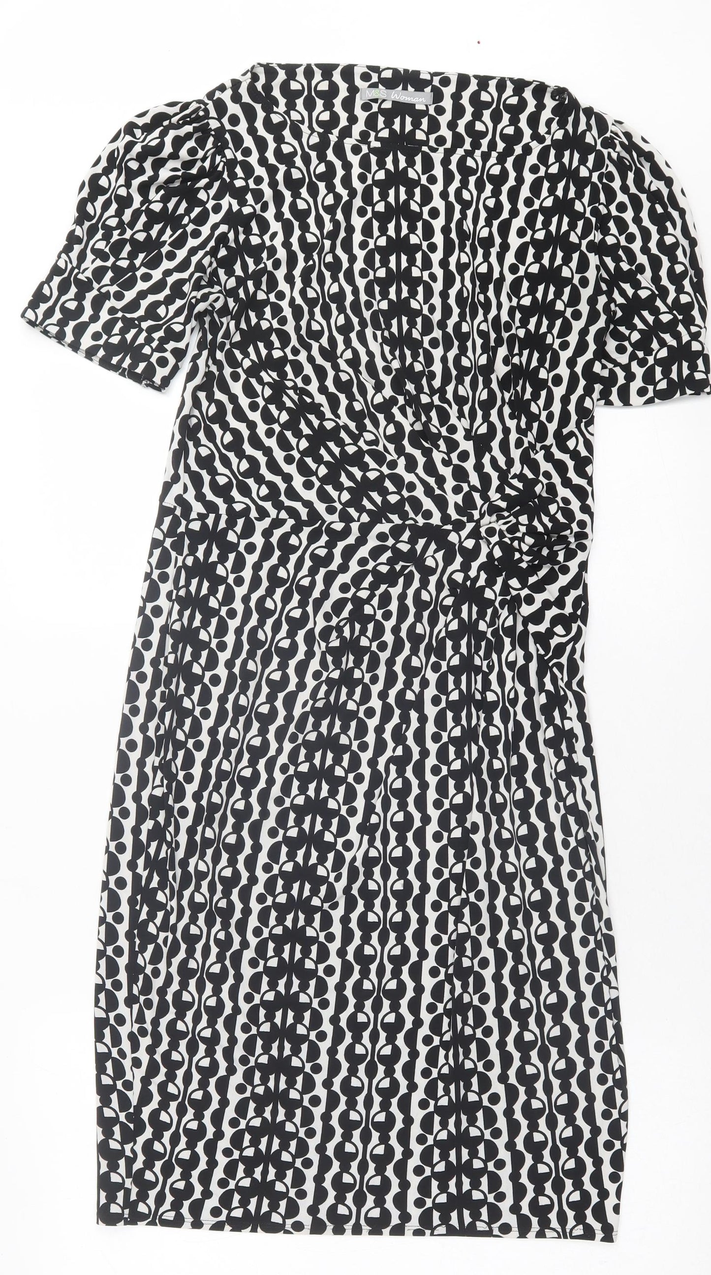 Marks and Spencer Womens Black Geometric Polyester A-Line  Size 10  Crew Neck Pullover