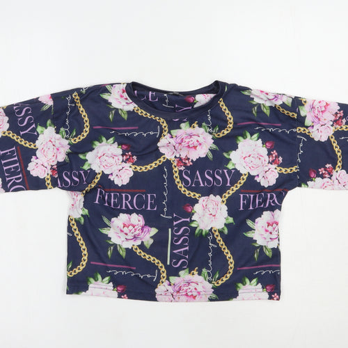 Studio Girls Blue Floral Polyester Cropped T-Shirt Size 12-13 Years Crew Neck Pullover - Sassy