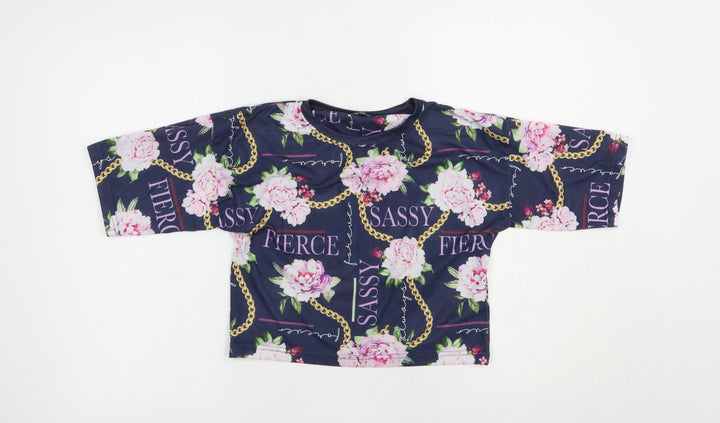 Studio Girls Blue Floral Polyester Cropped T-Shirt Size 12-13 Years Crew Neck Pullover - Sassy