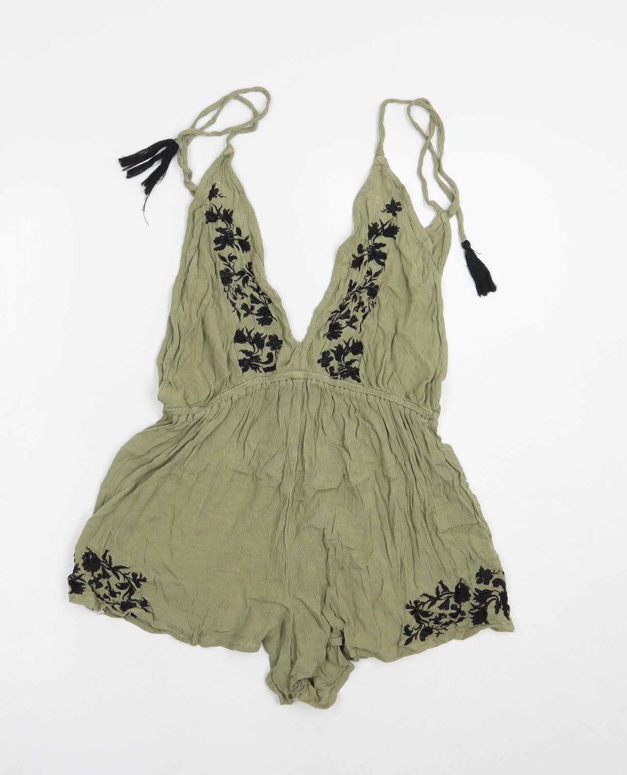 River Island Womens Green Floral Viscose Playsuit One-Piece Size 14  Tie
