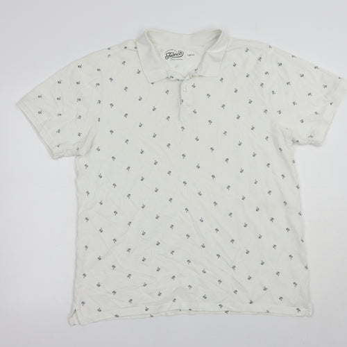 Fabric8 Mens White Geometric Cotton  Polo Size L Collared Button - Palm Tree Print