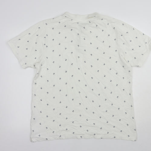 Fabric8 Mens White Geometric Cotton  Polo Size L Collared Button - Palm Tree Print