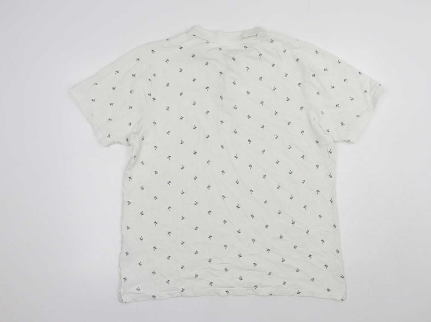 Fabric8 Mens White Geometric Cotton  Polo Size L Collared Button - Palm Tree Print