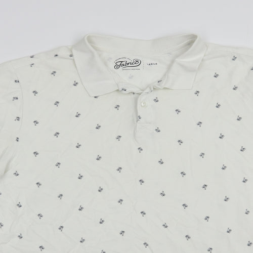 Fabric8 Mens White Geometric Cotton  Polo Size L Collared Button - Palm Tree Print