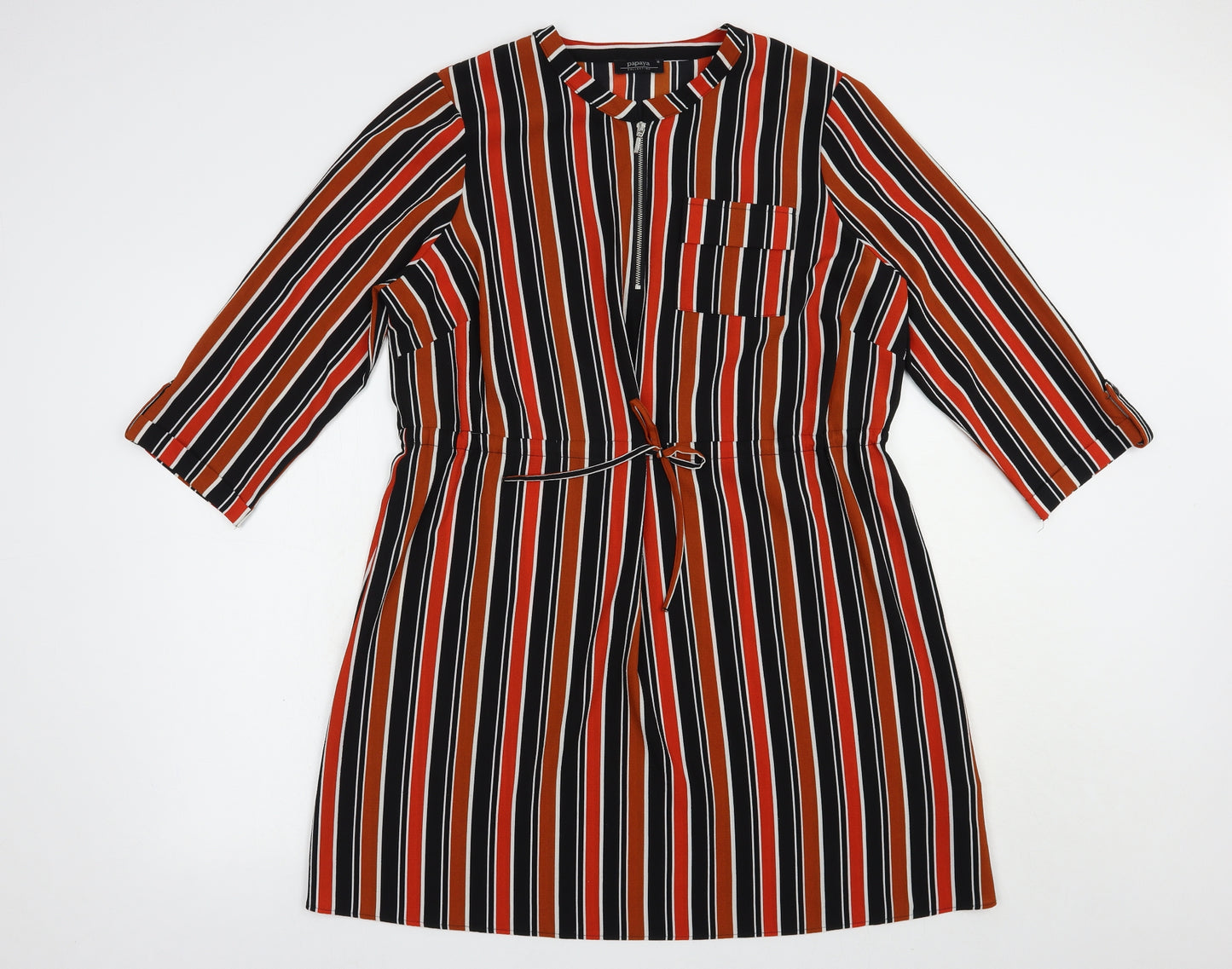 Papaya Womens Orange Striped Polyester Fit & Flare  Size 16  Crew Neck Zip