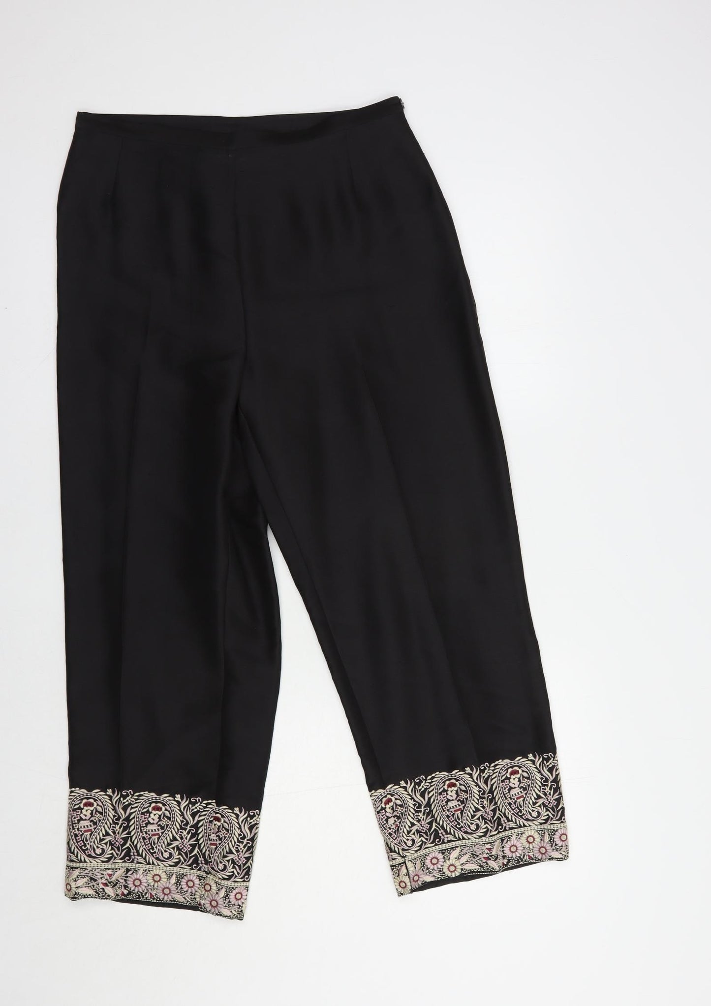 NEXT Womens Black  Silk Cropped Trousers Size 12 L24 in Regular Zip