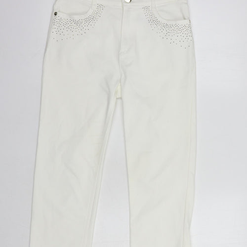 Per Una Womens White  Cotton Cropped Jeans Size 8 L23 in Regular Button - Embellished Pockets