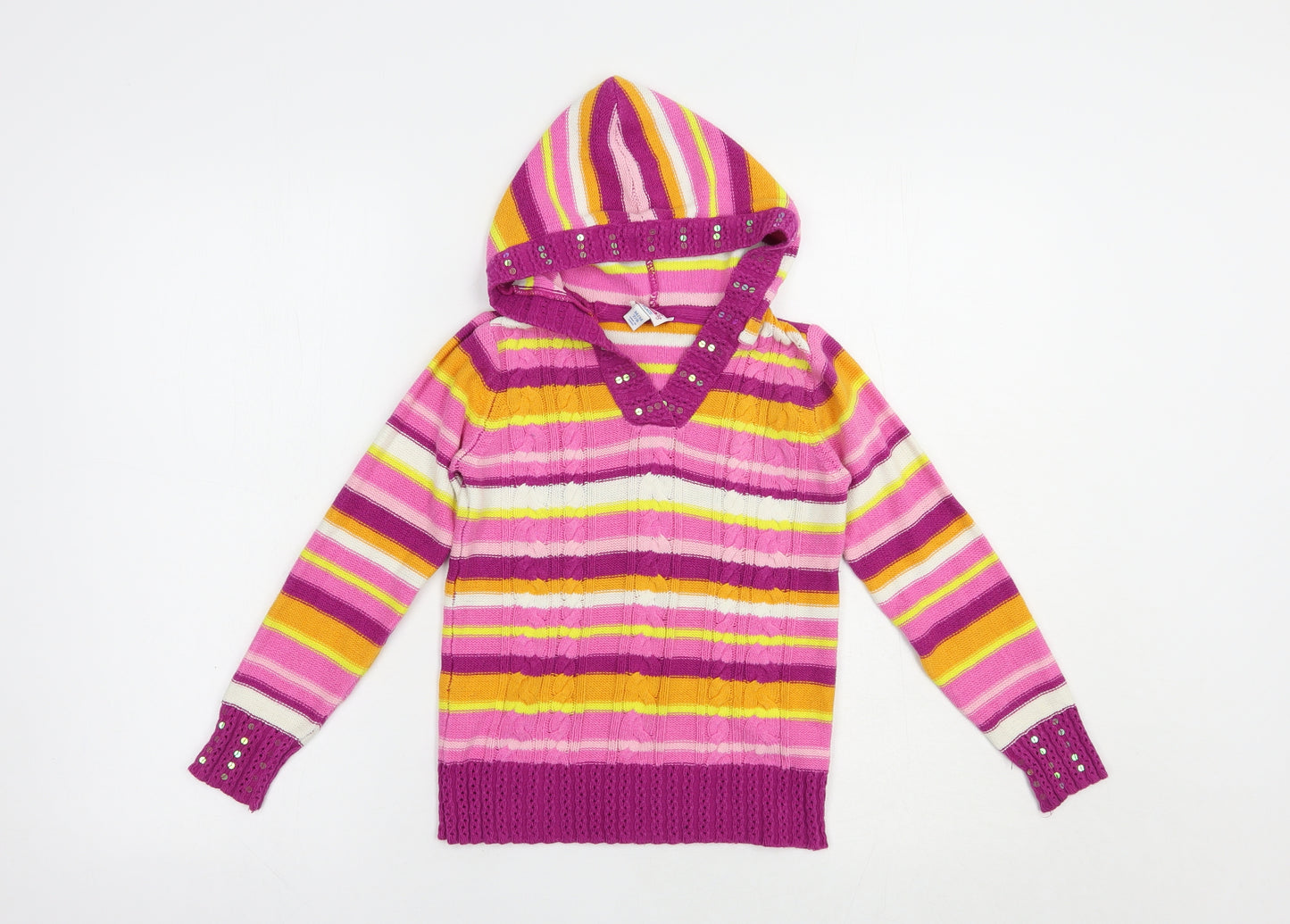 Place Girls Purple V-Neck Striped Cotton Pullover Jumper Size 7-8 Years  Pullover