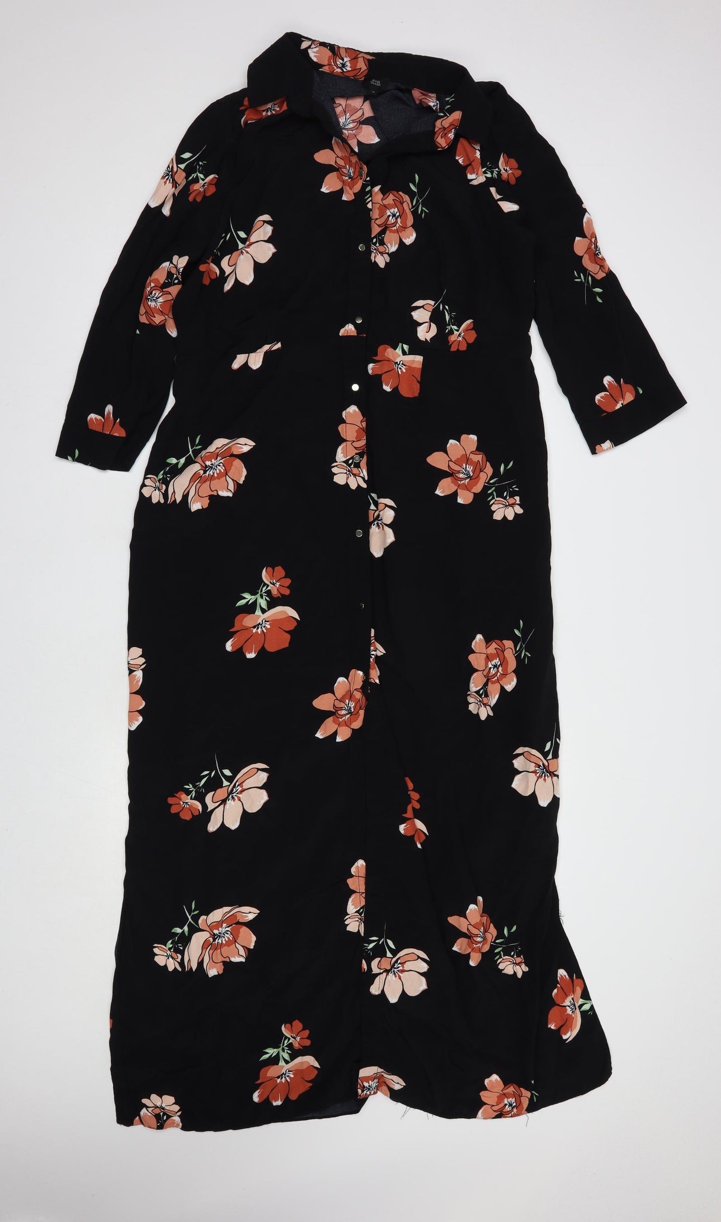 River Island Womens Black Floral Viscose Shirt Dress  Size 16  Collared Button