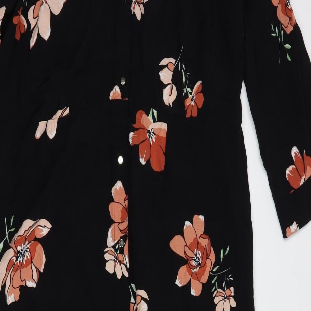 River Island Womens Black Floral Viscose Shirt Dress  Size 16  Collared Button