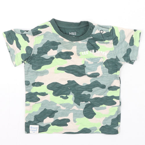 Marks and Spencer Boys Green Camouflage Cotton Basic Casual Size 6-9 Months Round Neck