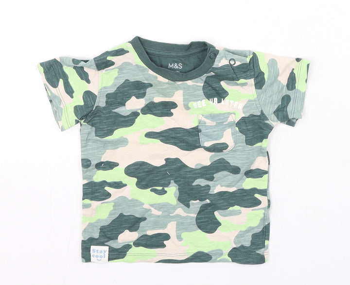 Marks and Spencer Boys Green Camouflage Cotton Basic Casual Size 6-9 Months Round Neck