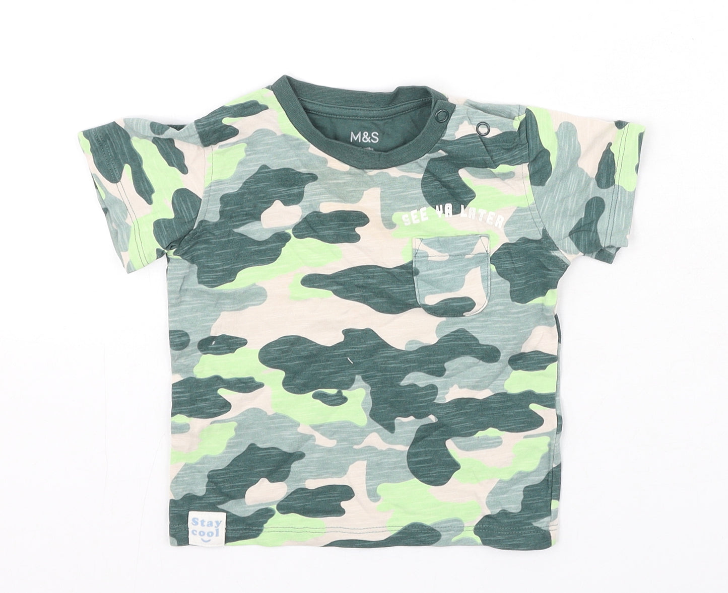 Marks and Spencer Boys Green Camouflage Cotton Basic Casual Size 6-9 Months Round Neck