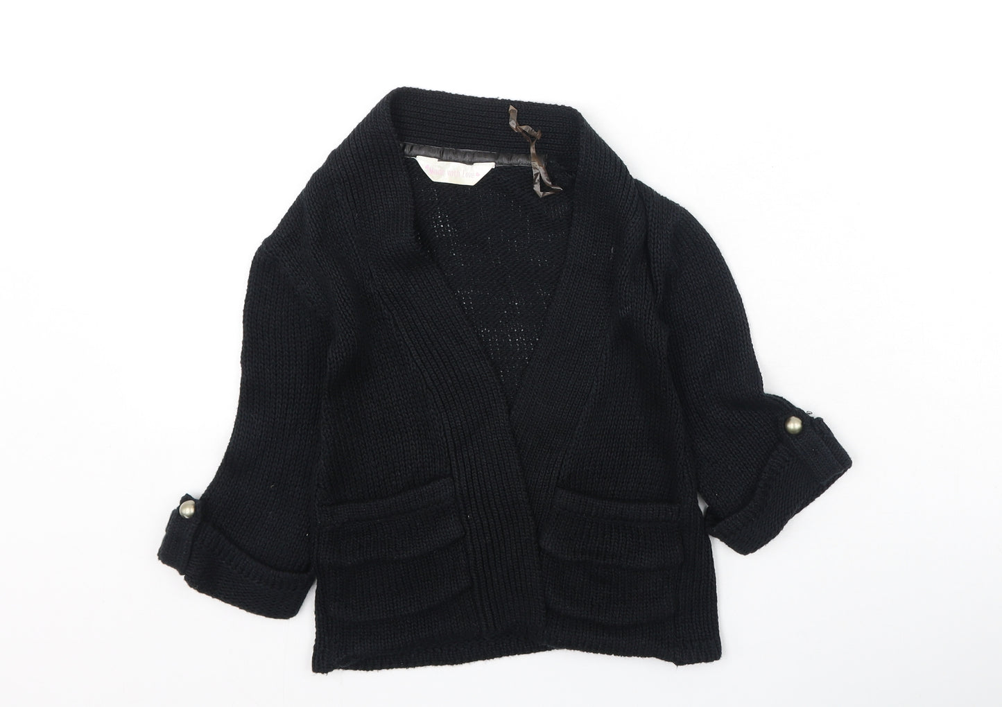Preworn Girls Black V-Neck  Acrylic Cardigan Jumper Size 4-5 Years