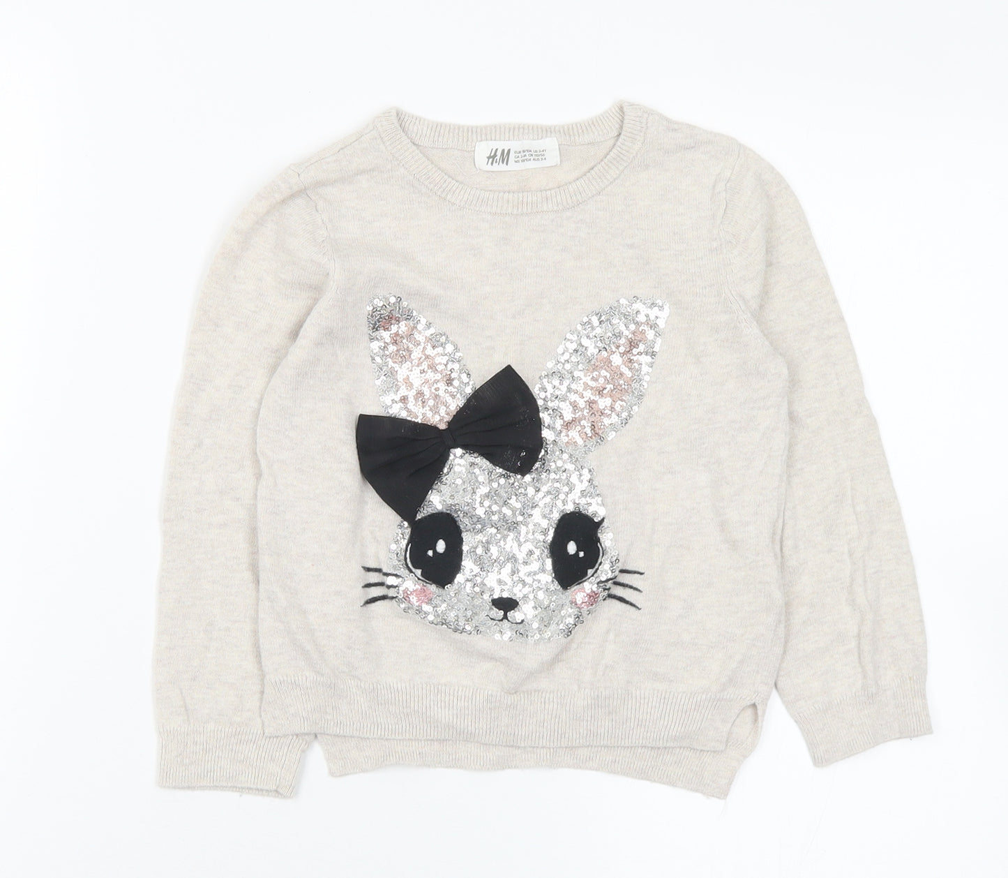 H&M Girls Grey Crew Neck  Cotton Pullover Jumper Size 3-4 Years   - Rabbit