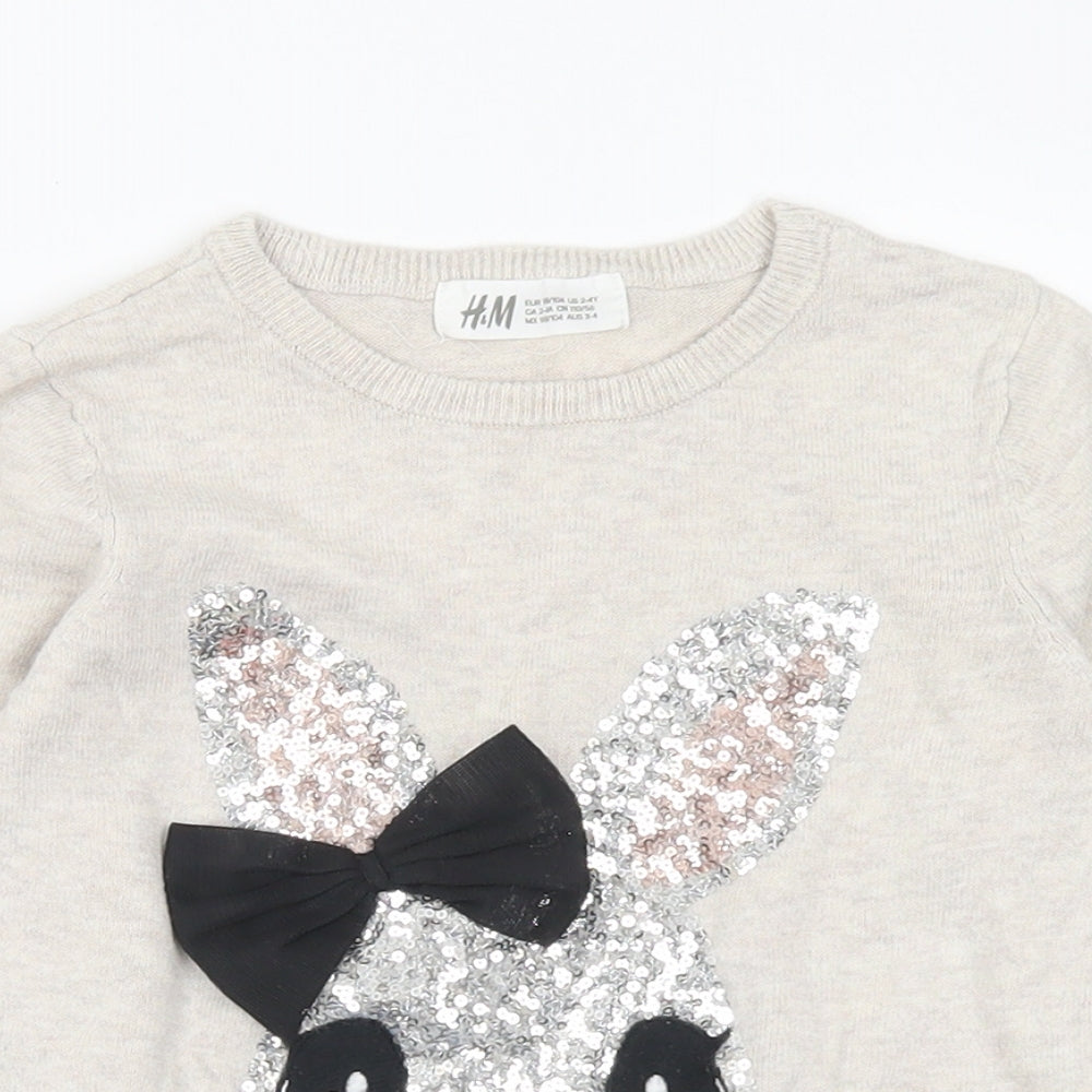 H&M Girls Grey Crew Neck  Cotton Pullover Jumper Size 3-4 Years   - Rabbit