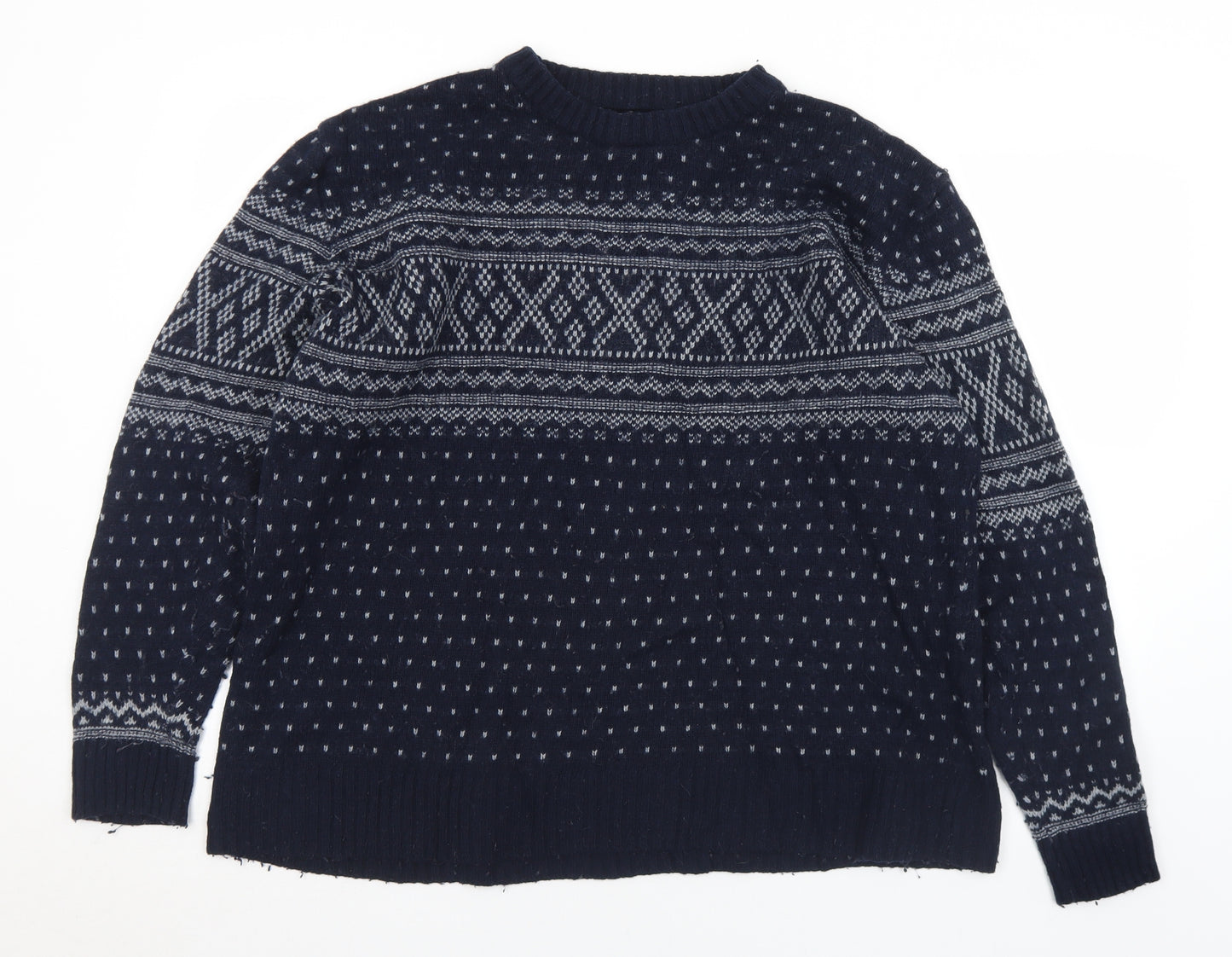 Preworn Mens Blue Crew Neck Geometric Wool Pullover Jumper Size L