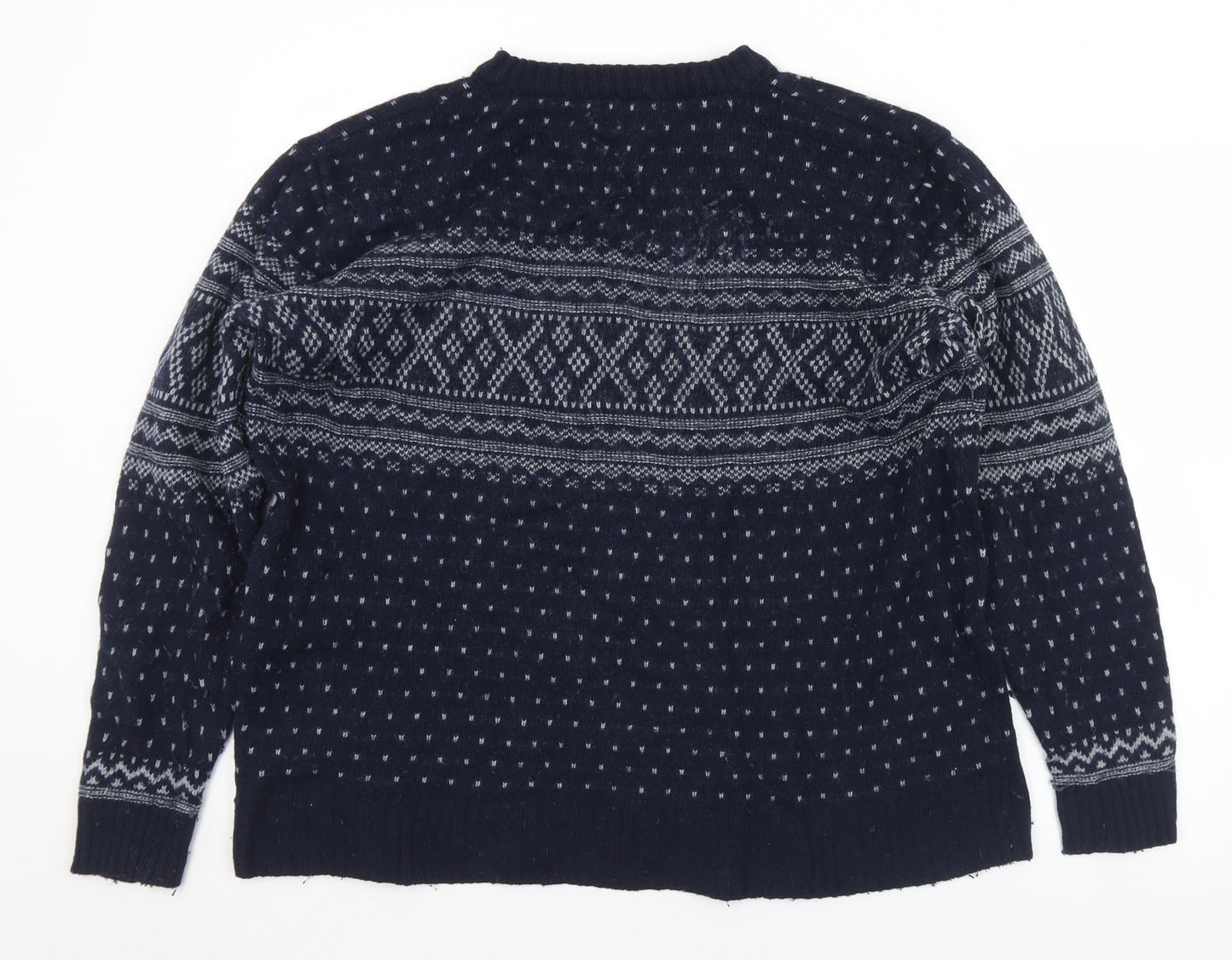 Preworn Mens Blue Crew Neck Geometric Wool Pullover Jumper Size L