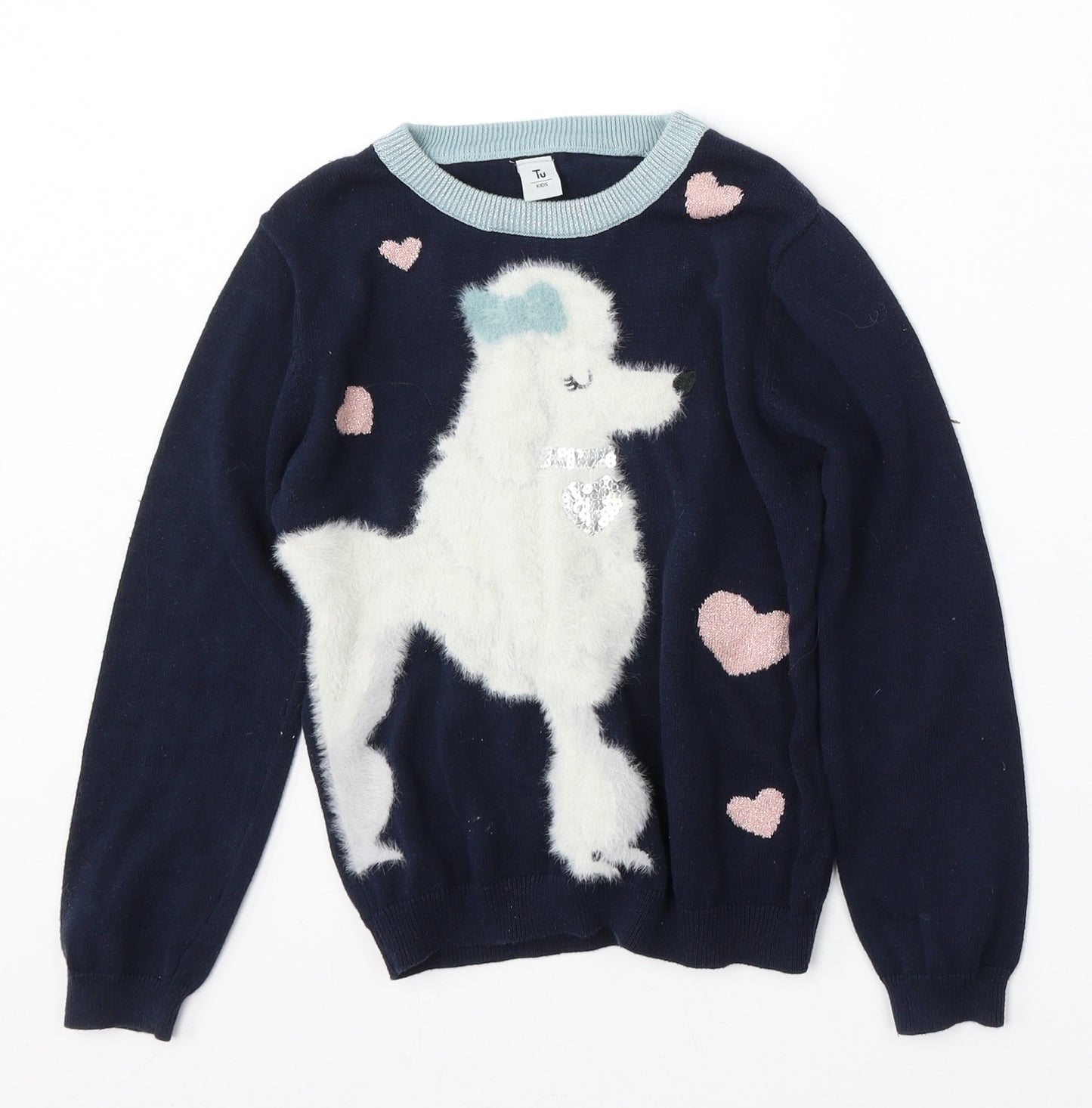 TU Girls Blue Round Neck  Cotton Pullover Jumper Size 7 Years