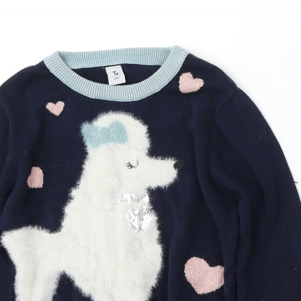 TU Girls Blue Round Neck  Cotton Pullover Jumper Size 7 Years