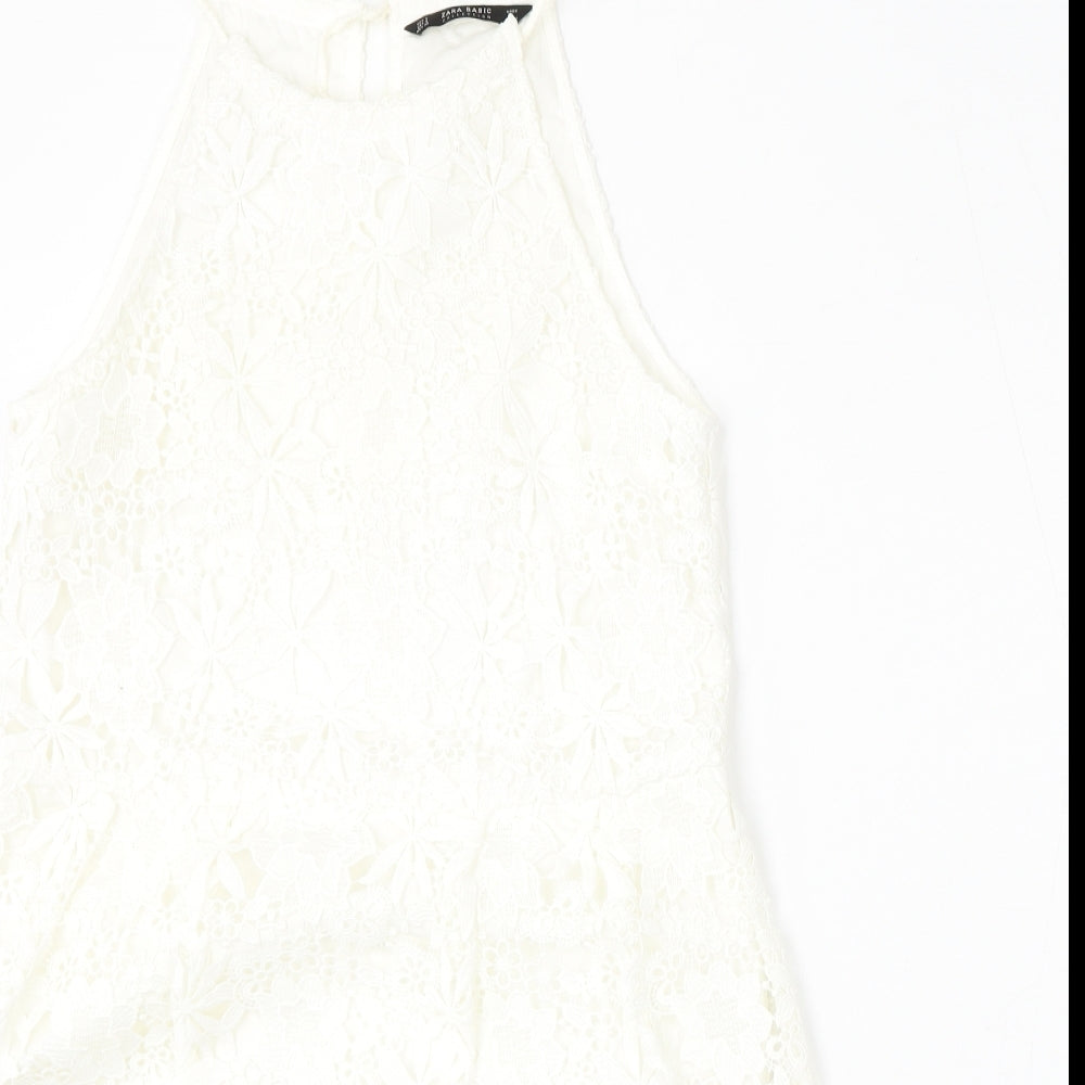 Zara Womens White Floral Polyester Trapeze & Swing  Size S  Round Neck