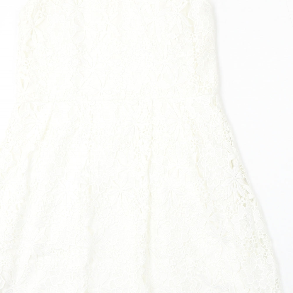 Zara Womens White Floral Polyester Trapeze & Swing  Size S  Round Neck
