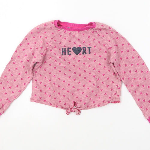 United Colors of Benetton Girls Pink Round Neck Geometric Cotton Pullover Jumper Size XS   - Love heart print.