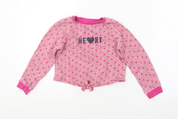 United Colors of Benetton Girls Pink Round Neck Geometric Cotton Pullover Jumper Size XS   - Love heart print.