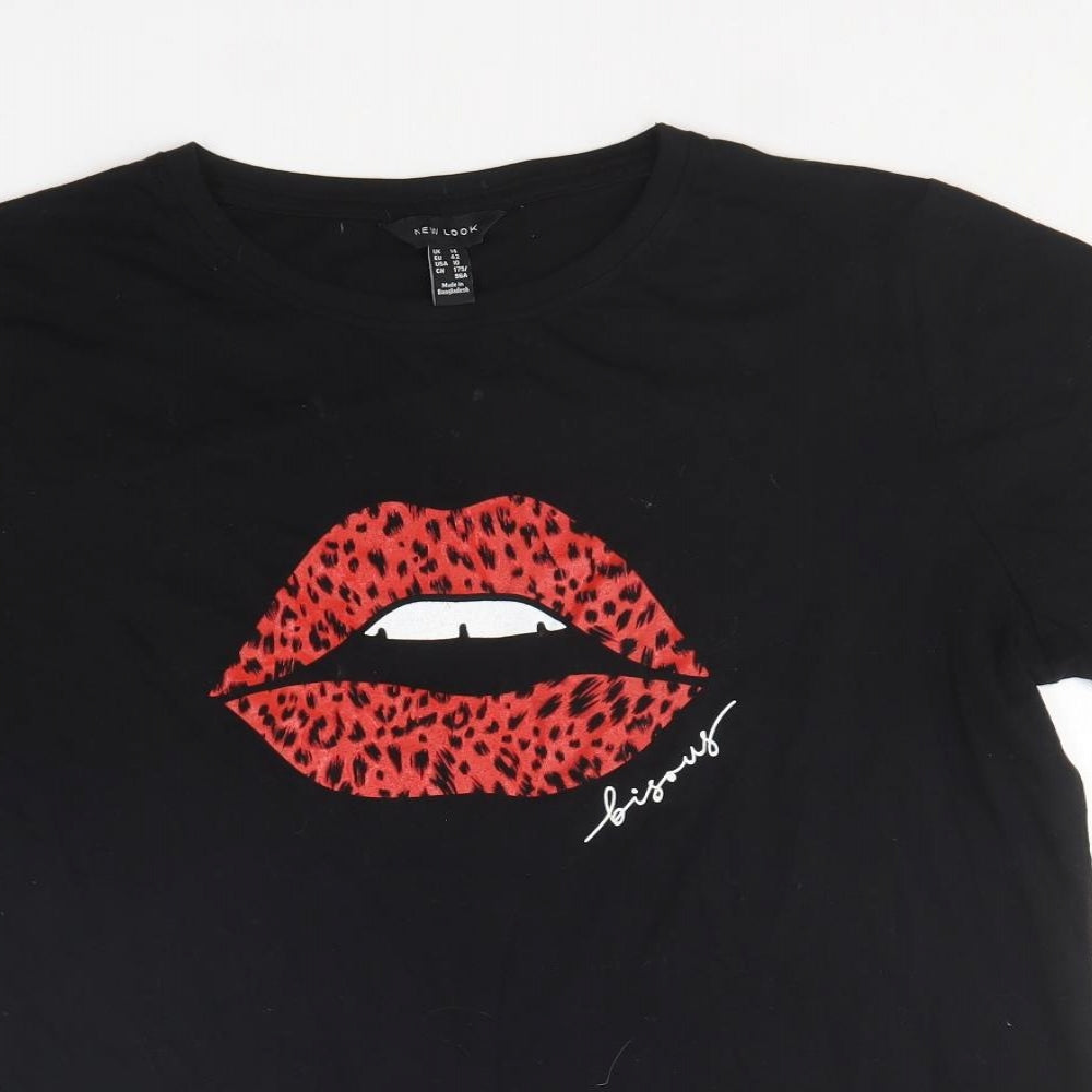 New Look Womens Black  Cotton Basic T-Shirt Size 14 Round Neck