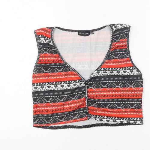 PRETTYLITTLETHING Womens Multicoloured Geometric Polyester Cropped T-Shirt Size 14 V-Neck