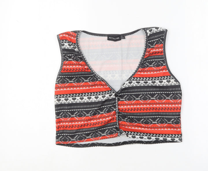 PRETTYLITTLETHING Womens Multicoloured Geometric Polyester Cropped T-Shirt Size 14 V-Neck