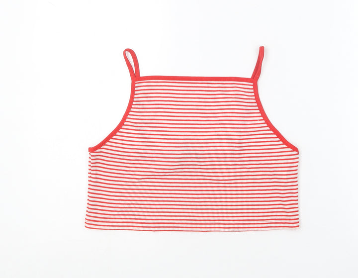 New Look Womens Red Striped Polyester Cropped T-Shirt Size 16 Square Neck