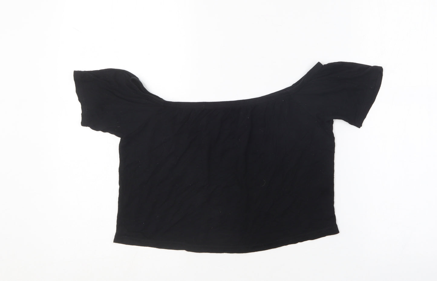 PRETTYLITTLETHING Womens Black  Viscose Cropped T-Shirt Size 14 Off the Shoulder