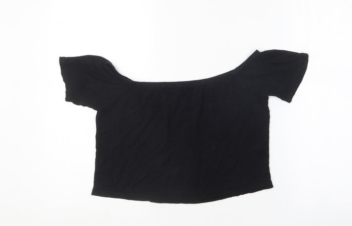PRETTYLITTLETHING Womens Black  Viscose Cropped T-Shirt Size 14 Off the Shoulder