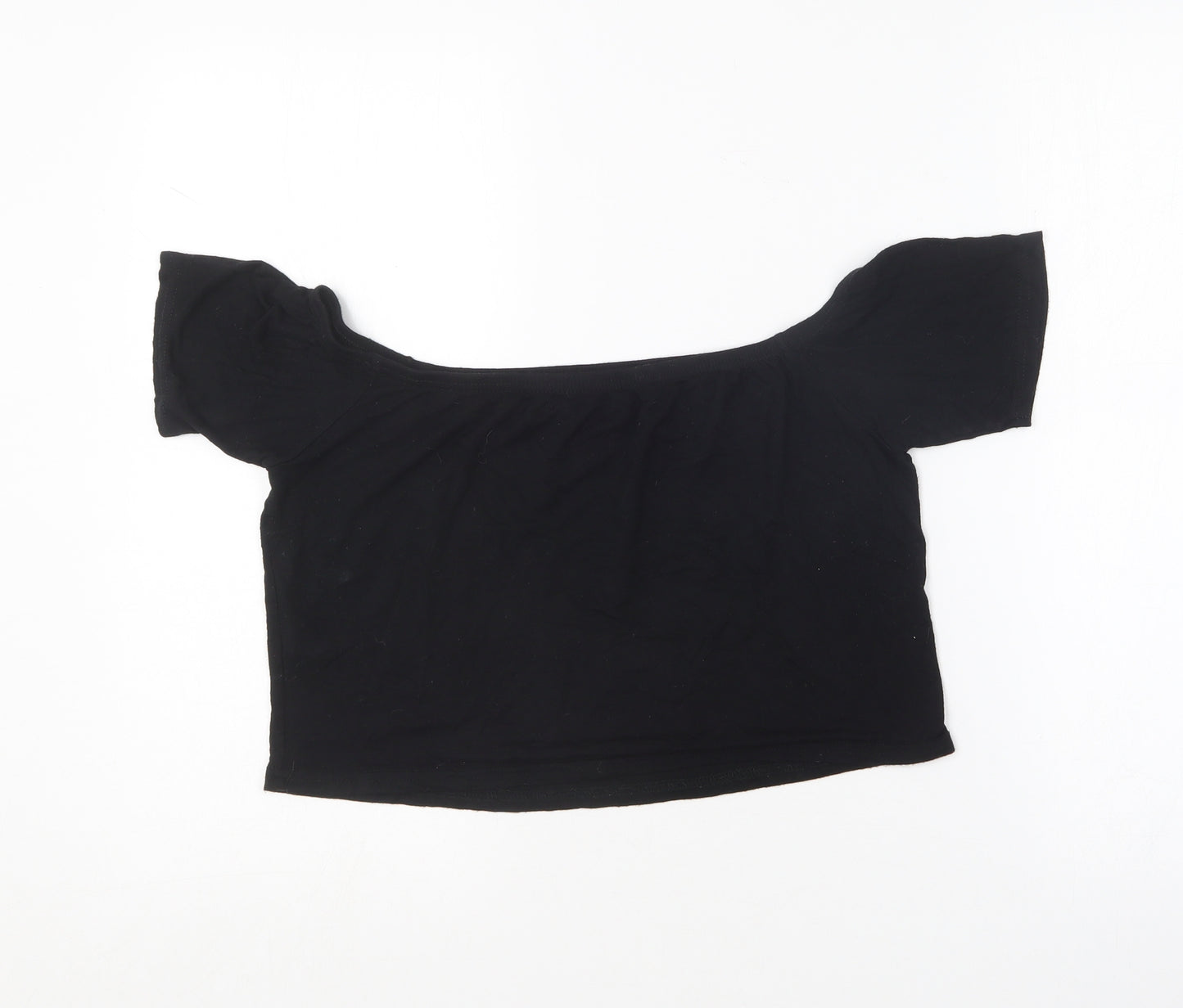 PRETTYLITTLETHING Womens Black  Viscose Cropped T-Shirt Size 14 Off the Shoulder