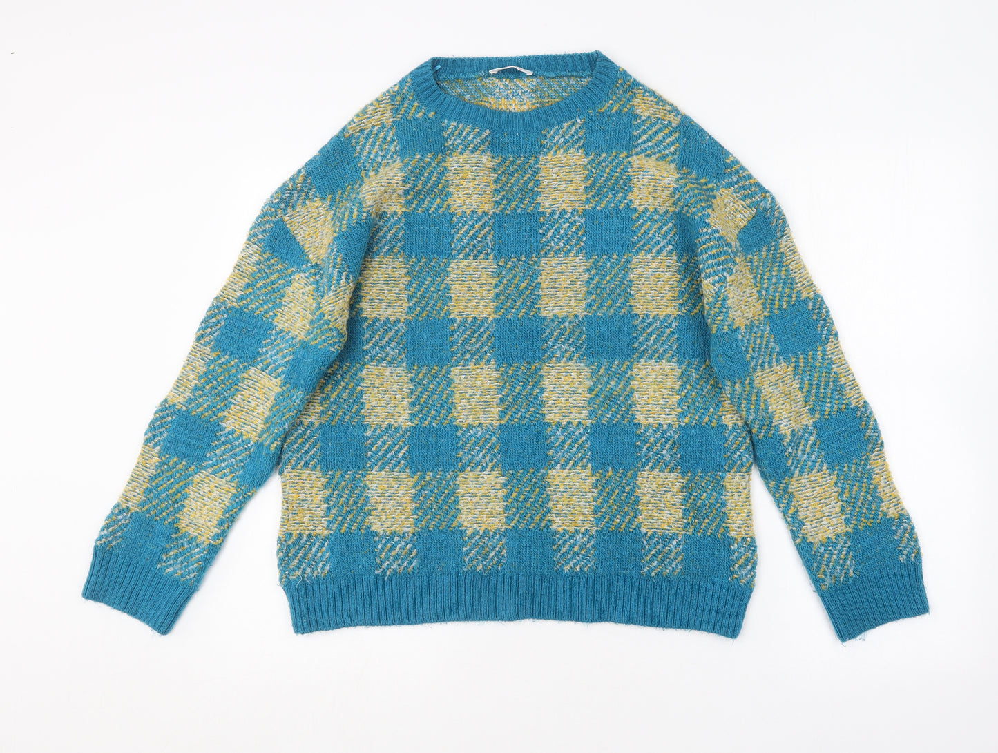 Savida Womens Blue Round Neck Check Acrylic Pullover Jumper Size S