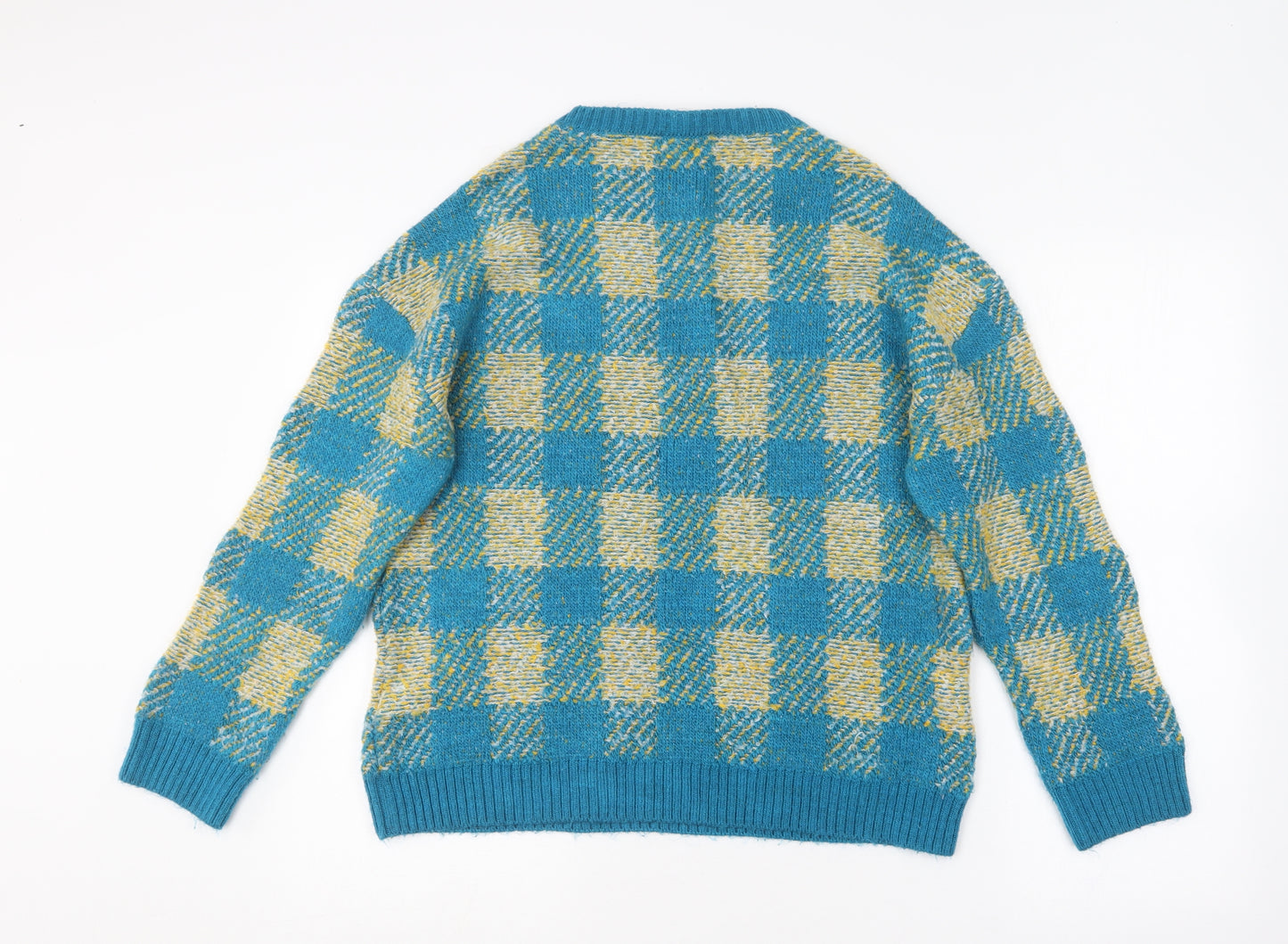 Savida Womens Blue Round Neck Check Acrylic Pullover Jumper Size S