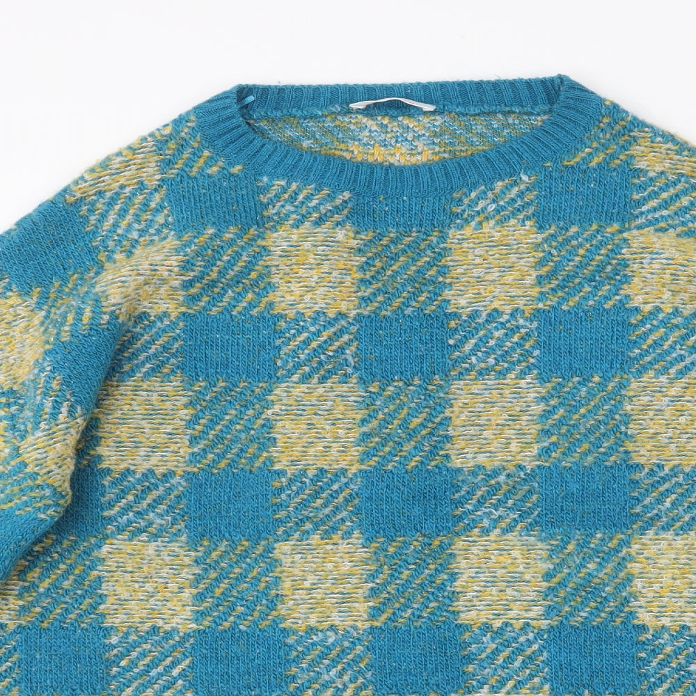 Savida Womens Blue Round Neck Check Acrylic Pullover Jumper Size S