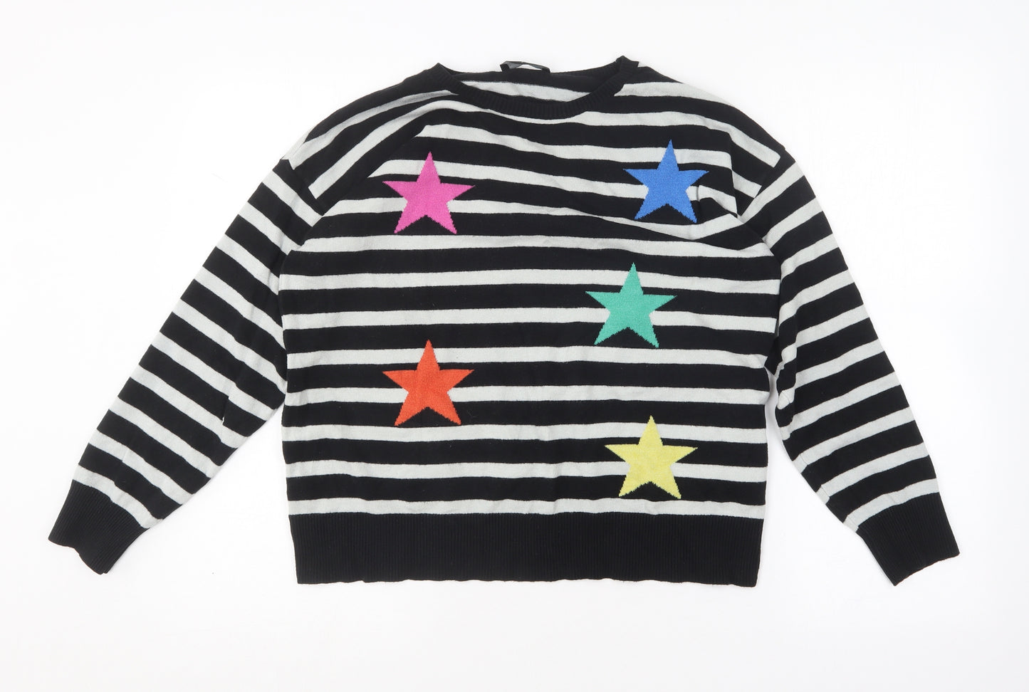 F&F Womens Black Round Neck Striped Viscose Pullover Jumper Size 14   - Stars