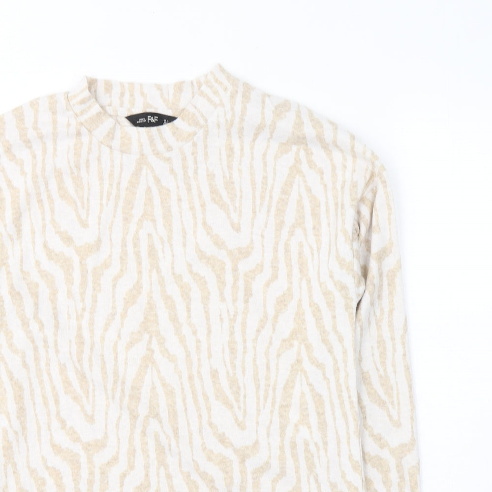 F&F Womens Beige Round Neck Animal Print Polyester Pullover Jumper Size 12