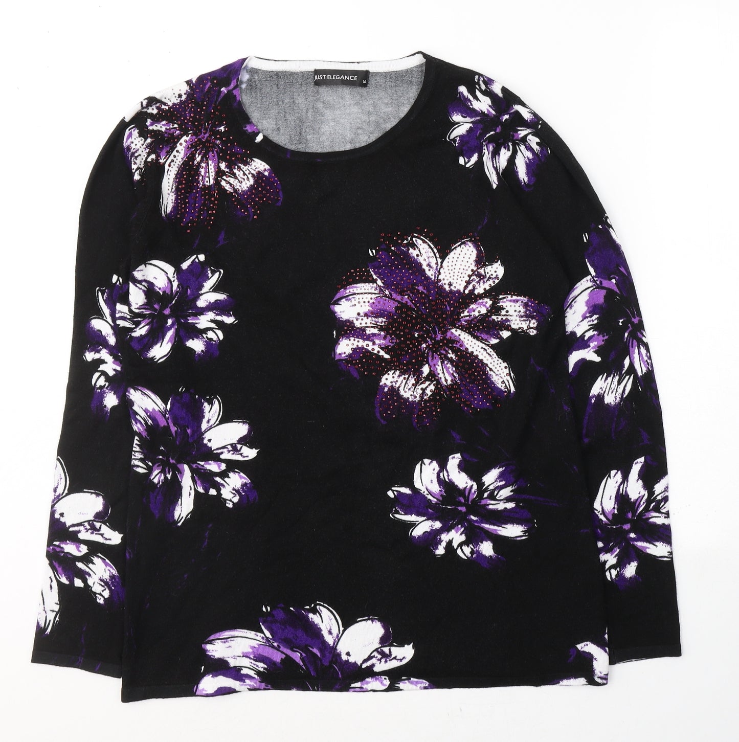 JUST ELEGANCE Womens Black Round Neck Floral Viscose Pullover Jumper Size 12