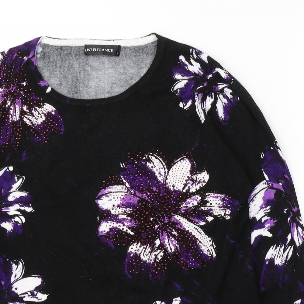 JUST ELEGANCE Womens Black Round Neck Floral Viscose Pullover Jumper Size 12