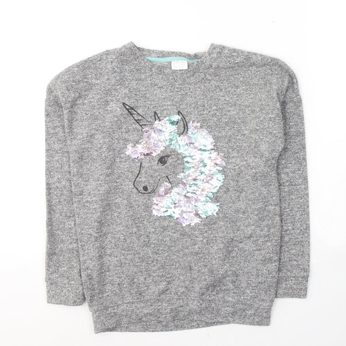 F&F Girls Grey Round Neck  Viscose Pullover Jumper Size 11-12 Years  Pullover - Unicorn