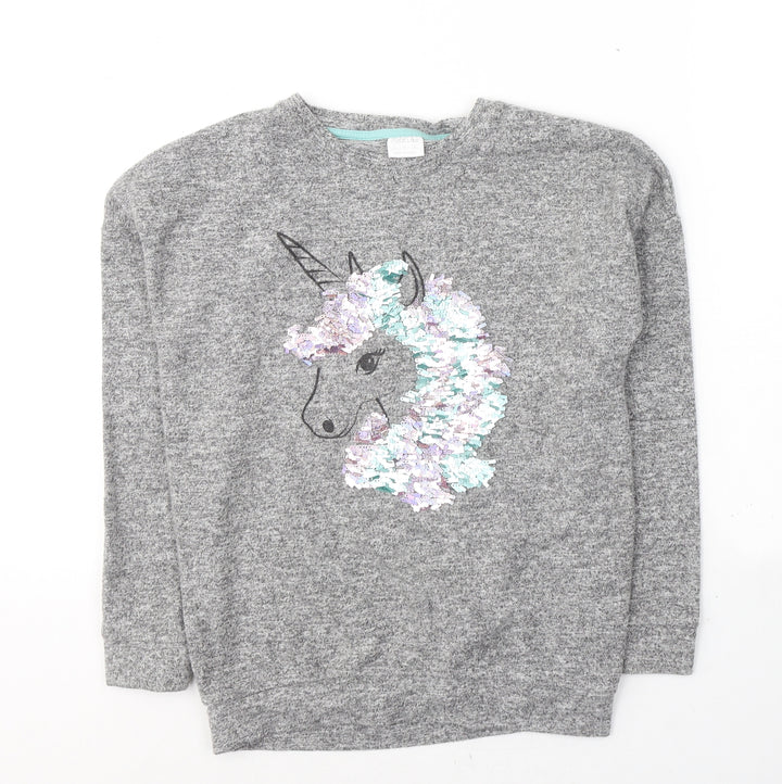 F&F Girls Grey Round Neck Viscose Pullover Jumper Size 11-12 Years Pullover - Unicorn