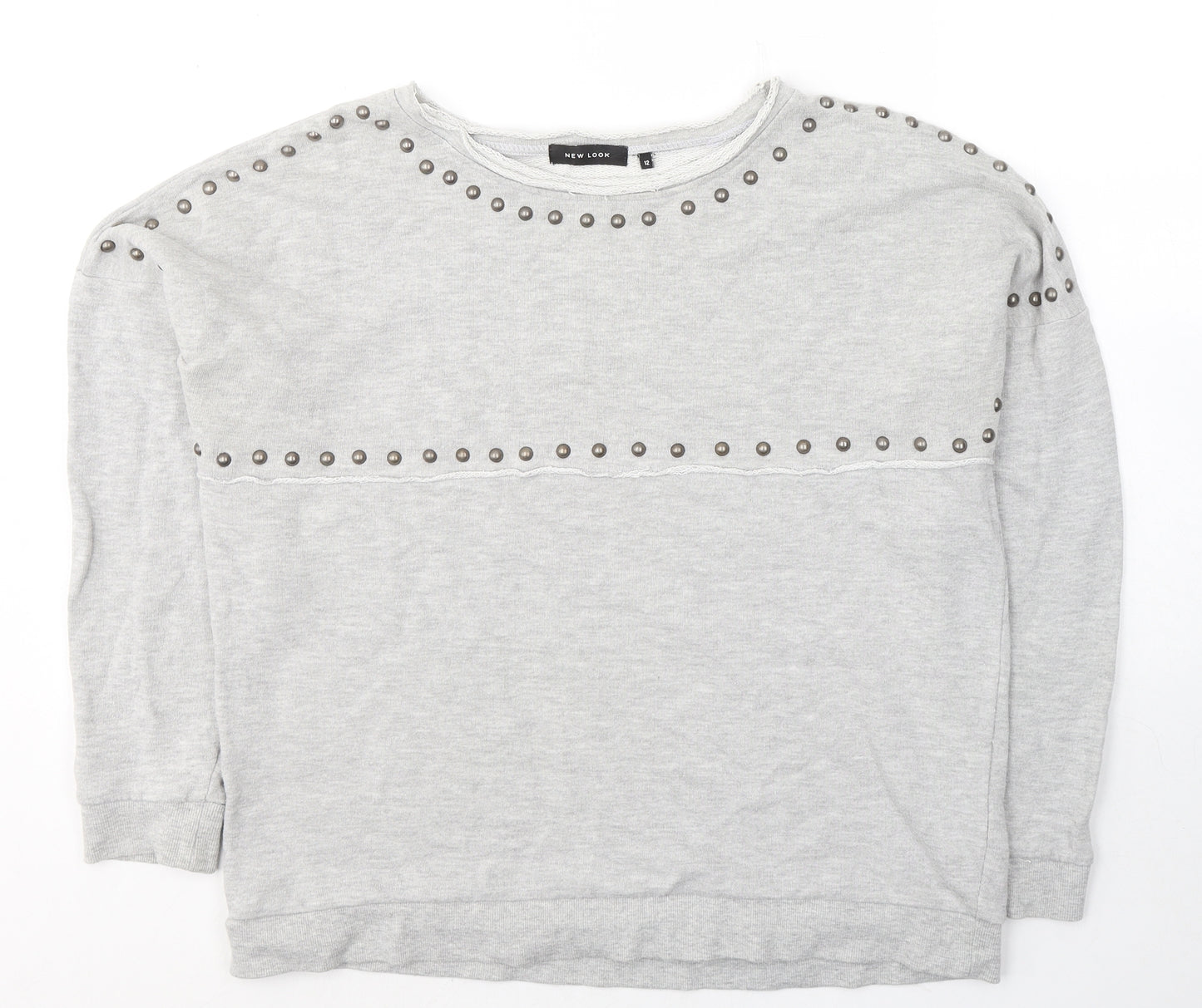 New Look Womens Grey  Cotton Jersey Blouse Size 12 Round Neck