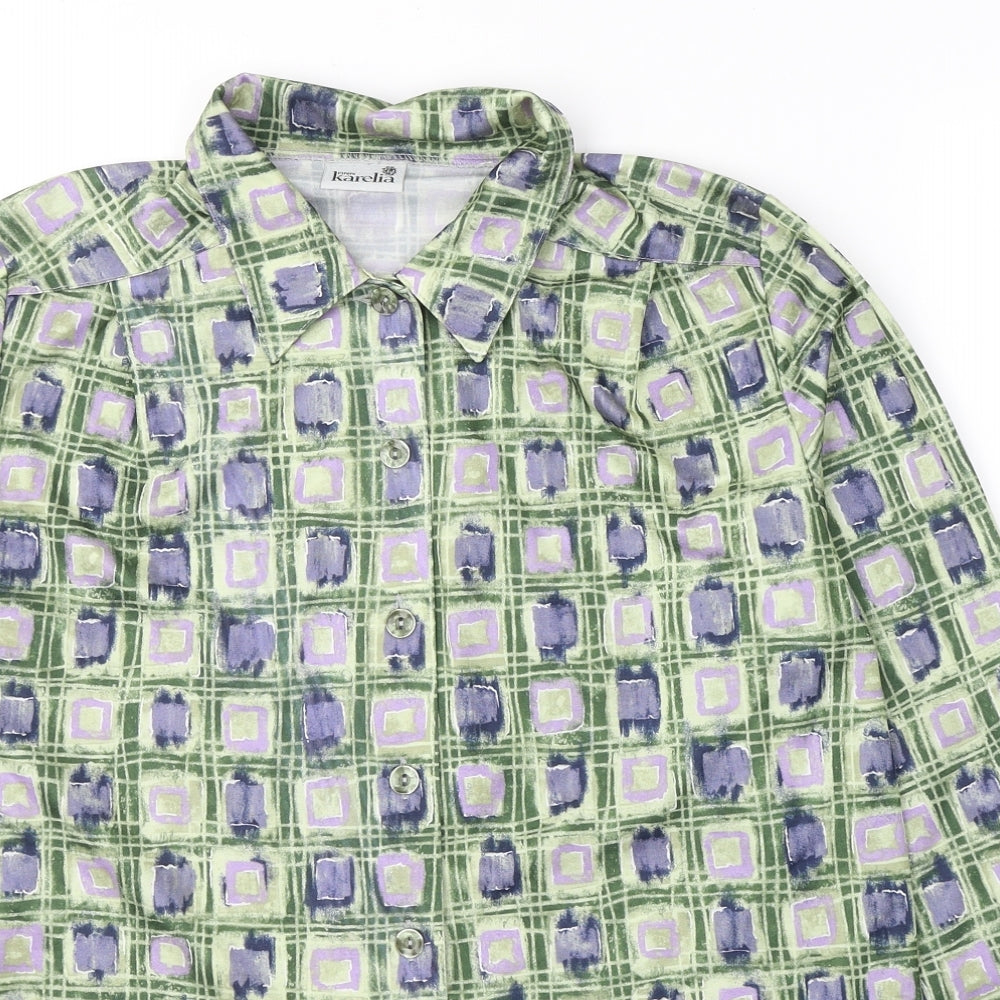 KARELIA Womens Green Geometric Polyester Basic Button-Up Size 14 Collared
