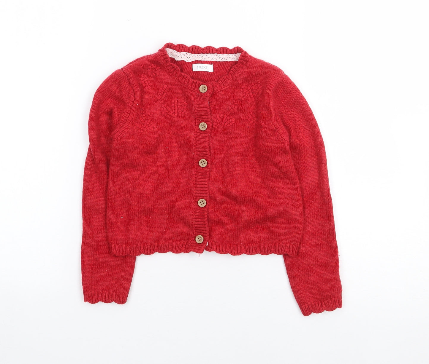 NEXT Girls Red Crew Neck  Nylon Cardigan Jumper Size 4-5 Years  Button